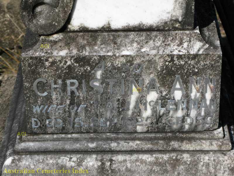 Photo of headstones/Christina Ann wife of T A J McLennan d1925 hdstn Bellingen